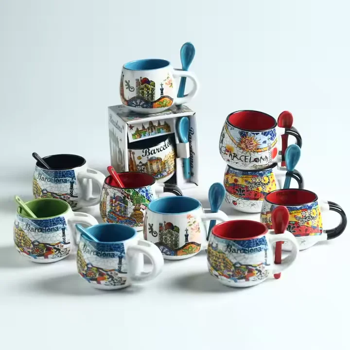 Custom Wholesale Barcelona Classic Design Ceramic Mug With Spoon Bohemian Style for Water Milk Coffee for Tourist Souvenir Gift