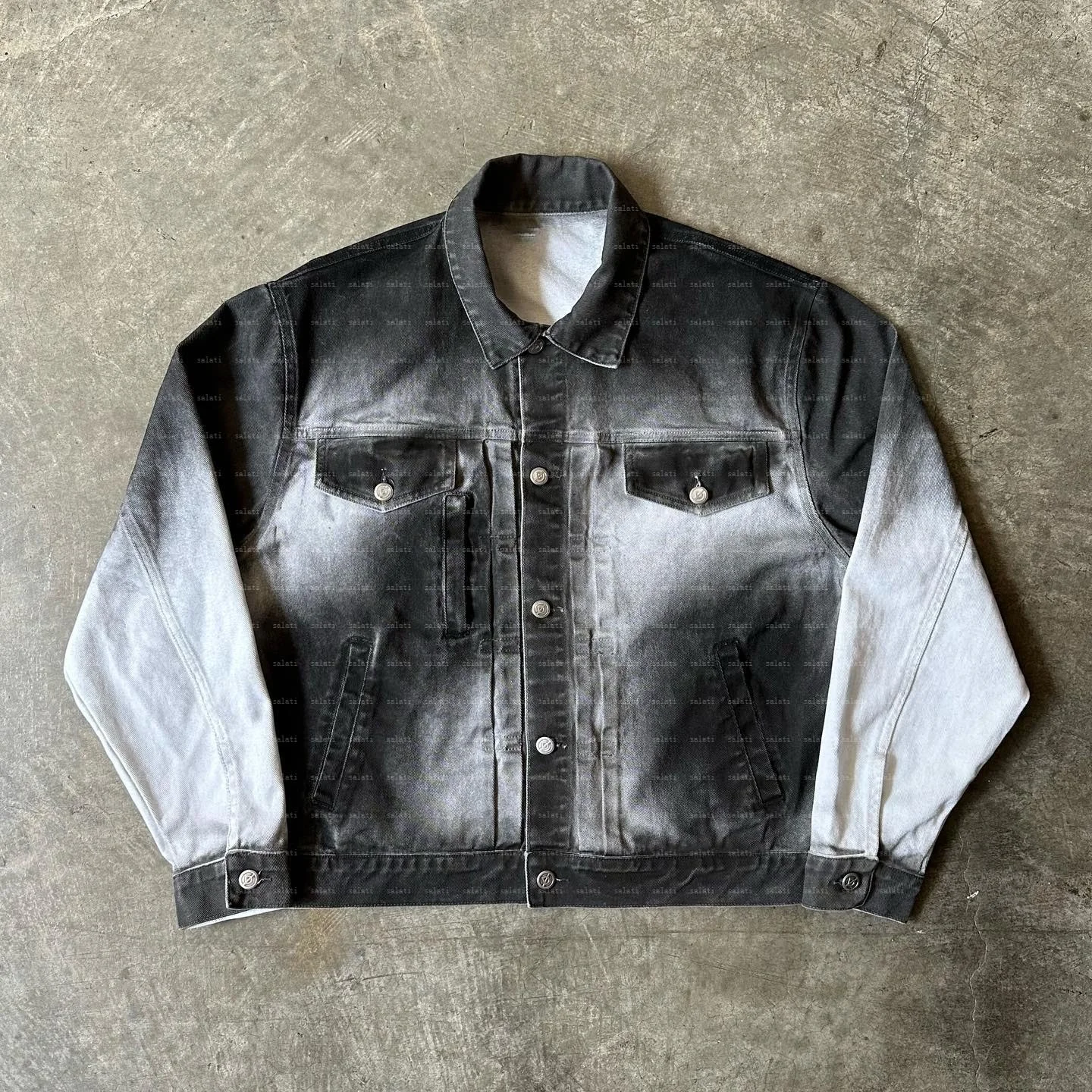Custom Two-Piece Vintage Dirty Wash Denim Suit for Men Salati Print Jacket and Baggy Flared Jeans With Button for Winter gallery 2
