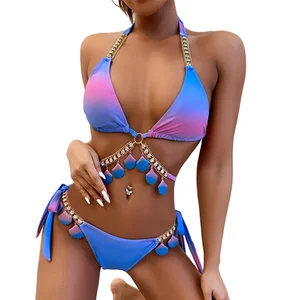 Women Luxury Crystal Shell Swimwear Sexy Gradient Print Tie Side 2-Piece Bikini Set Anti-Bacterial Triangle Bra Plain Dyed