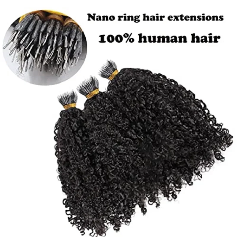 „Sassy Curly Nano Ring“ žmogaus plaukų priauginimas, Malaizijos „Remy“ plaukai, minkšti garbanoti, mikrolinkių nano karoliukai, žiediniai plaukai, 100 g, 100 sruogų_voghion.com