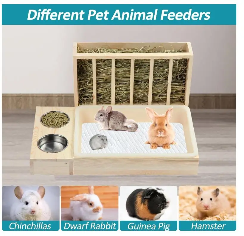 3 in 1 Rabbit Hay Feeder with Litter Box Wooden Bunny Hay Feeder Guinea Pig Holder Small Animal Hay Rack Chinchillas Hamster