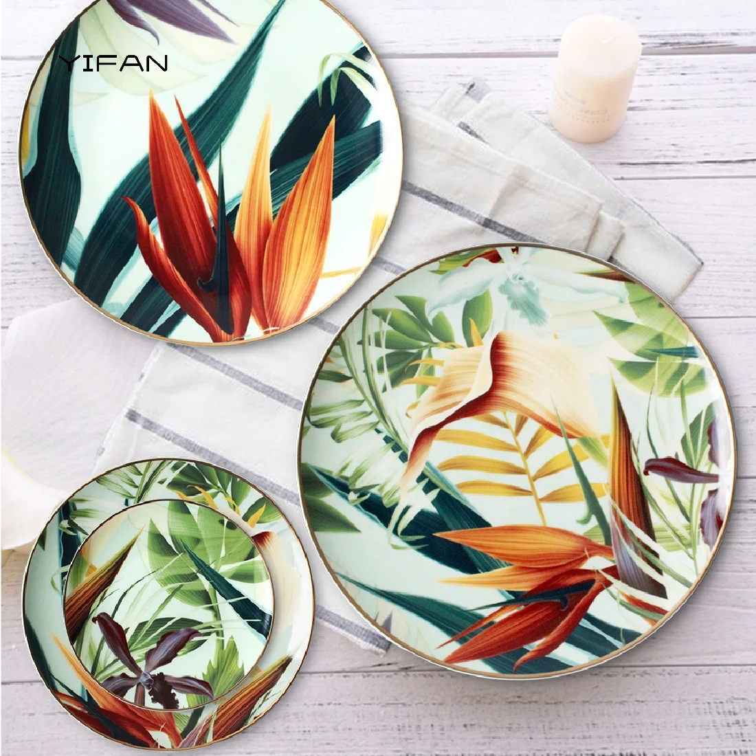Palm Leaf Plates Green Round Plate Dinner Sets Bone China Dinner