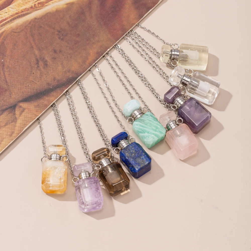 Pendentif Améthyste Naturel SUNNYCLUE Pendentif Bouteille De Parfum En Améthyste Naturelle - Kit DIY Collier Avec Chaîne Et Fermoir Flacon Diffuseur Parfum Vide