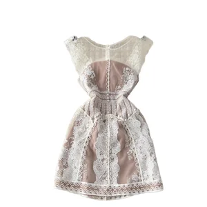 OUDINA Vietnam Elegant Summer One-Shoulder Embroidered Flowers Short Mini Dress for Women Plain Dyed Lace for Party Evening
