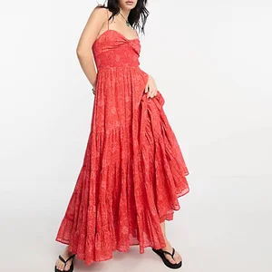 New Selling Women's Sweetheart Neck Sleeveless Floral Print Strap Tiered Red Max Long Dress Casual