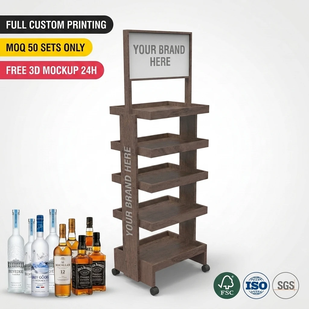 Wholesale Custom Wooden Liquor Display Stand Whiskey Vodka Tequila Gin Soju Bottle Display Rack Retail Bar Shelf with Brand Head