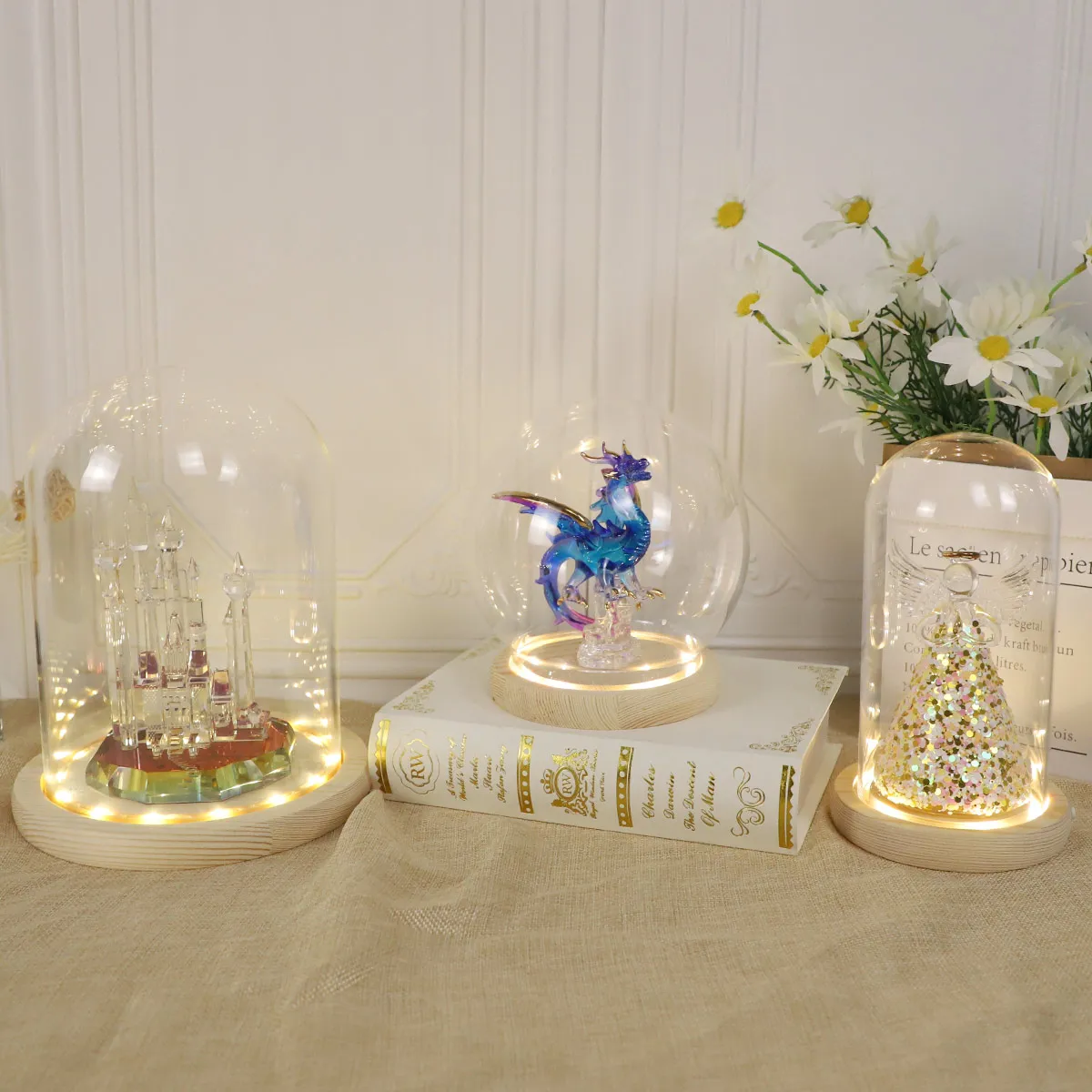 Customized clear glass dome Christmas table ornament led lighted dome cylinder or round shape for display