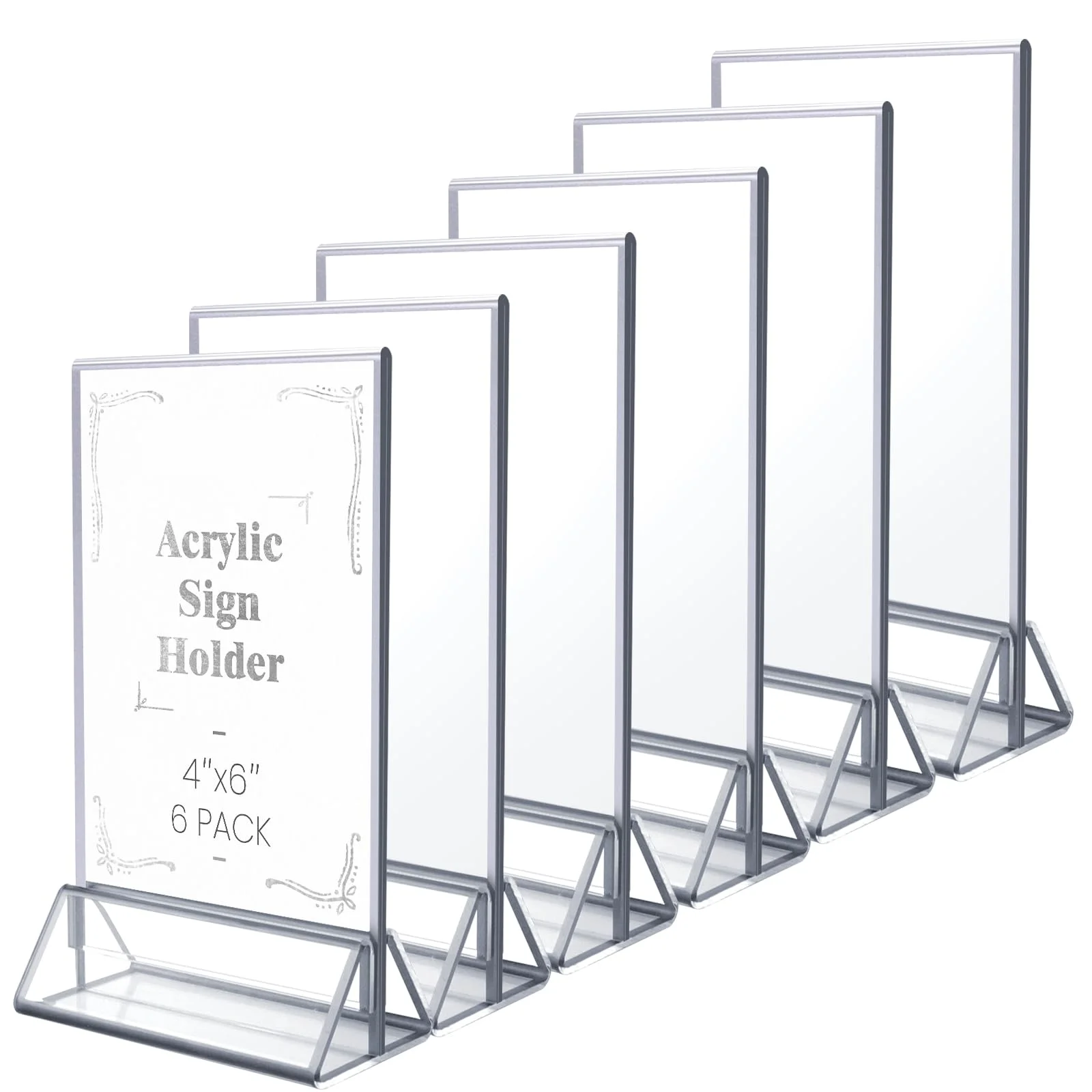 4x6 Clear Acrylic Sign Holder with Sliver Borders and Vertical Stand, Double Sided Table Menu Holders Picture Frames