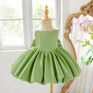 Girls Casual Green Ball Gown Dress with Floral Tutu Design Square Collar Layered Style for Children's Birthday Clothes for Kids