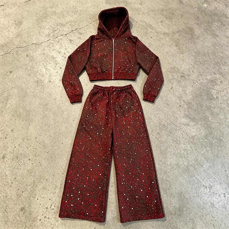 OEM Streetwear Heavyweight Cotton All Over Sublimation Printing Oversized Boxy Rhinestone Leopard Print Zipup Hoodie Men gallery 2
