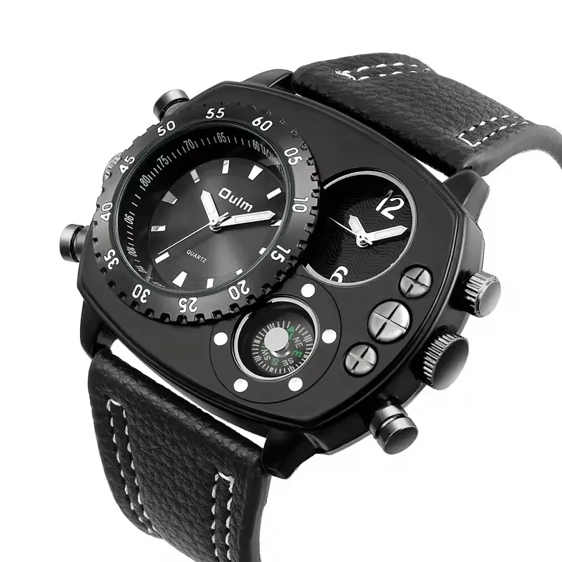 OULM 9865 Men Casual Fashion Multiple Time Zone Wrist Watches Luminous Analog Display COMPASS Leather Band Watch
