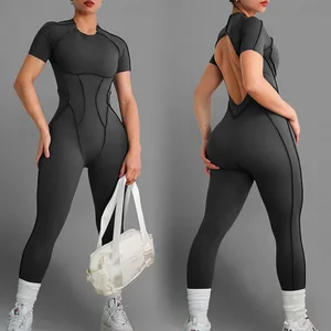 Custom Sports Bodysuits&Jumpsuits Backless Sports Yoga Rompers Gym Fitness Short Sleeve One Piece Jumpsuit for Women's Clothing