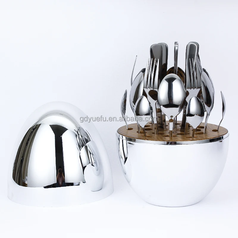 Egg Shaped Holder 24 Piece Spoon Knife Fork Set Luxury Stainless Steel 