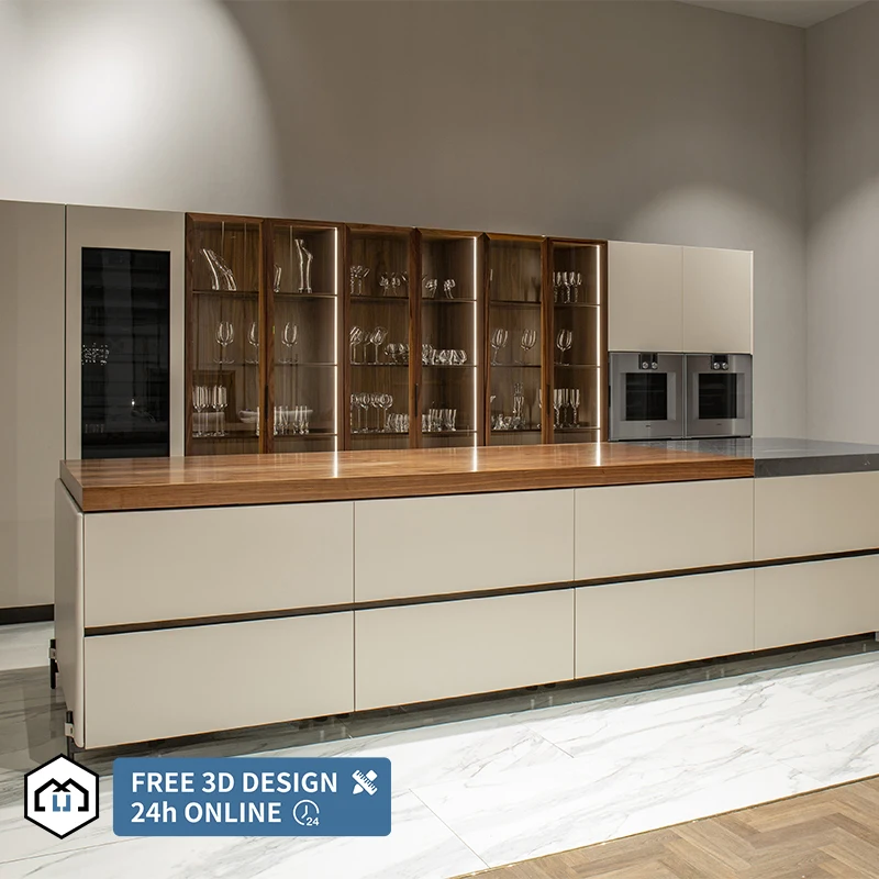 Modern Design Glossy Lacquer Grey Kitchen With Glass Door