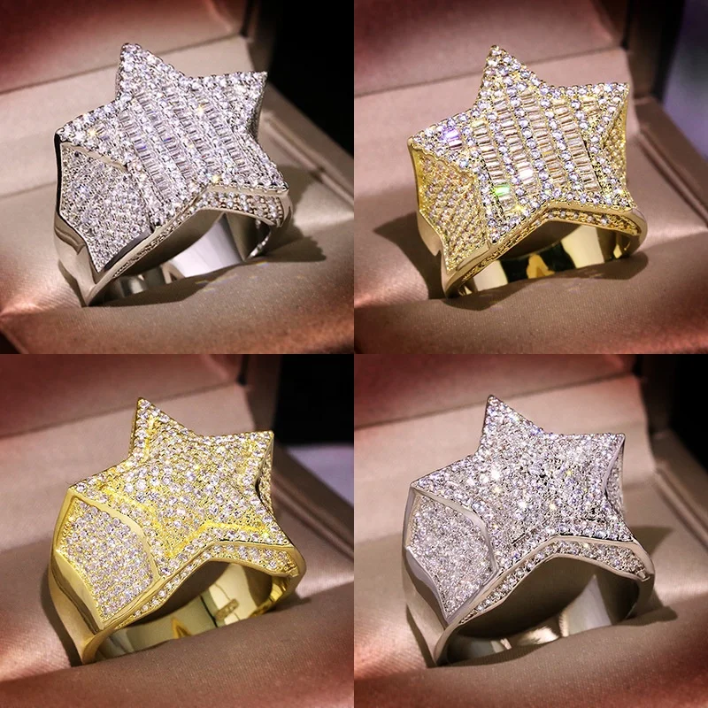 Custom Hip Hop Fully Iced Out VVS Baguette Moissanite Diamond Men Rings Custom Star Ring