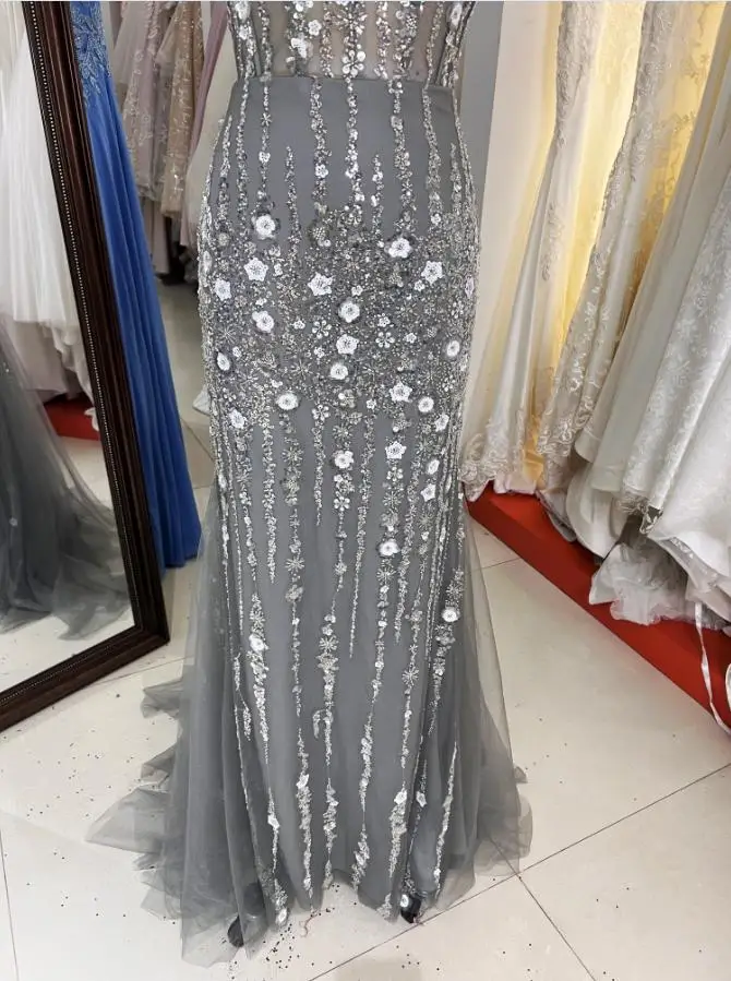 Silver Gray Glitter Fabric Flower Sweetheart Corset Tulle Mermaid