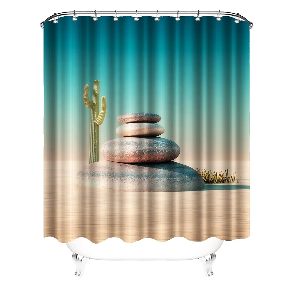 Peaceful Zen Shower Curtains With Hooks Spa Stone Green Cactus In