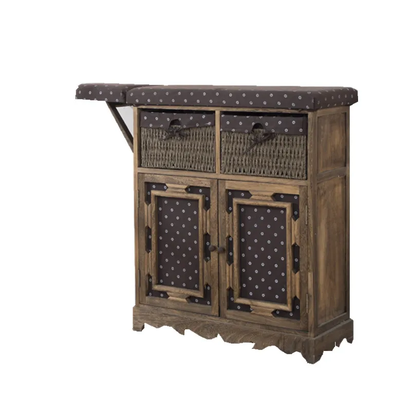 Popular Foldable Ironing Board Solid Wood Cabinet Folding Top Center Rattan Storage Basket