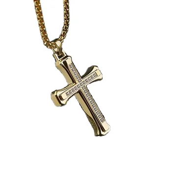 18K Gold Plated Stainless Steel Cross Pendant Necklace  with Snake Chain for Engagement & Party Religious Style