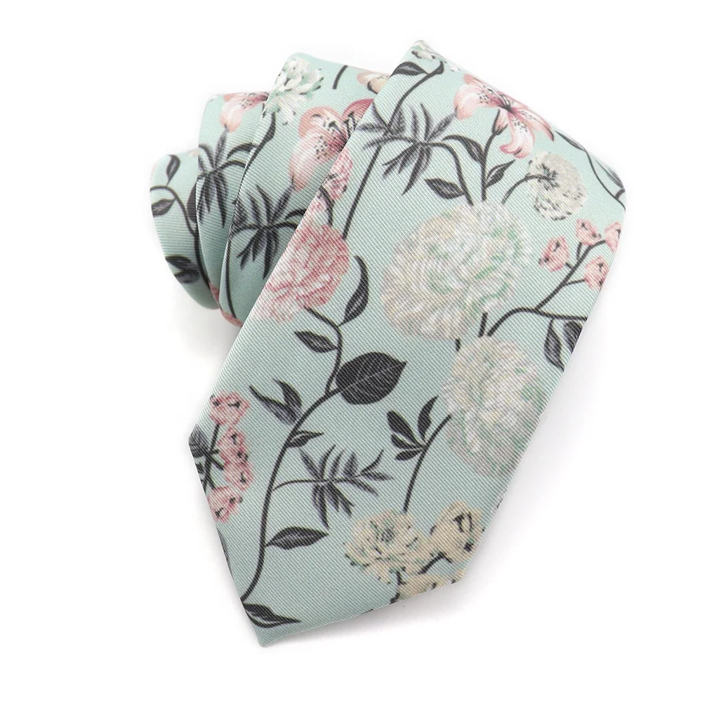 Newest Fancy Flower Printed Light Blue Polyester Factory Cheap Price Accessory Slim Men Ties