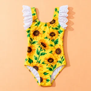 OEKO TEX Certified Toddler Swimwear Flower Printed One-piece Ruffle Swimsuit Children's Cute Beach Wear for Summer