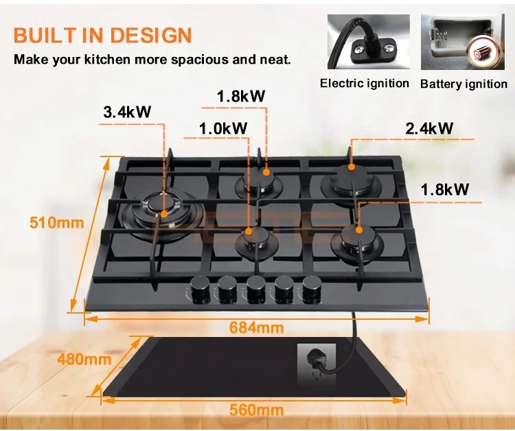 8mm Thick Tempered Glass 5-Burner Gas Cooktop Built-in Household Gas Hob Manufactured in China