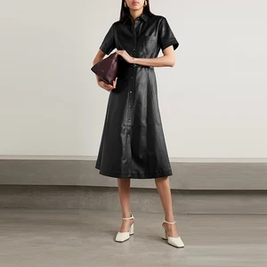 Clothing Manufacturer Custom Spring Summer Black Polo Collar Short Sleeve Women Drawstring Leather Midi Shirt Dress