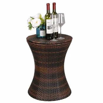 Outdoor Cool Bar Table, 8 Gallon Beer and Wine Cooler, Height Adjustable Rattan Style Cocktail Patio Bar Tables, 3-in-Ice