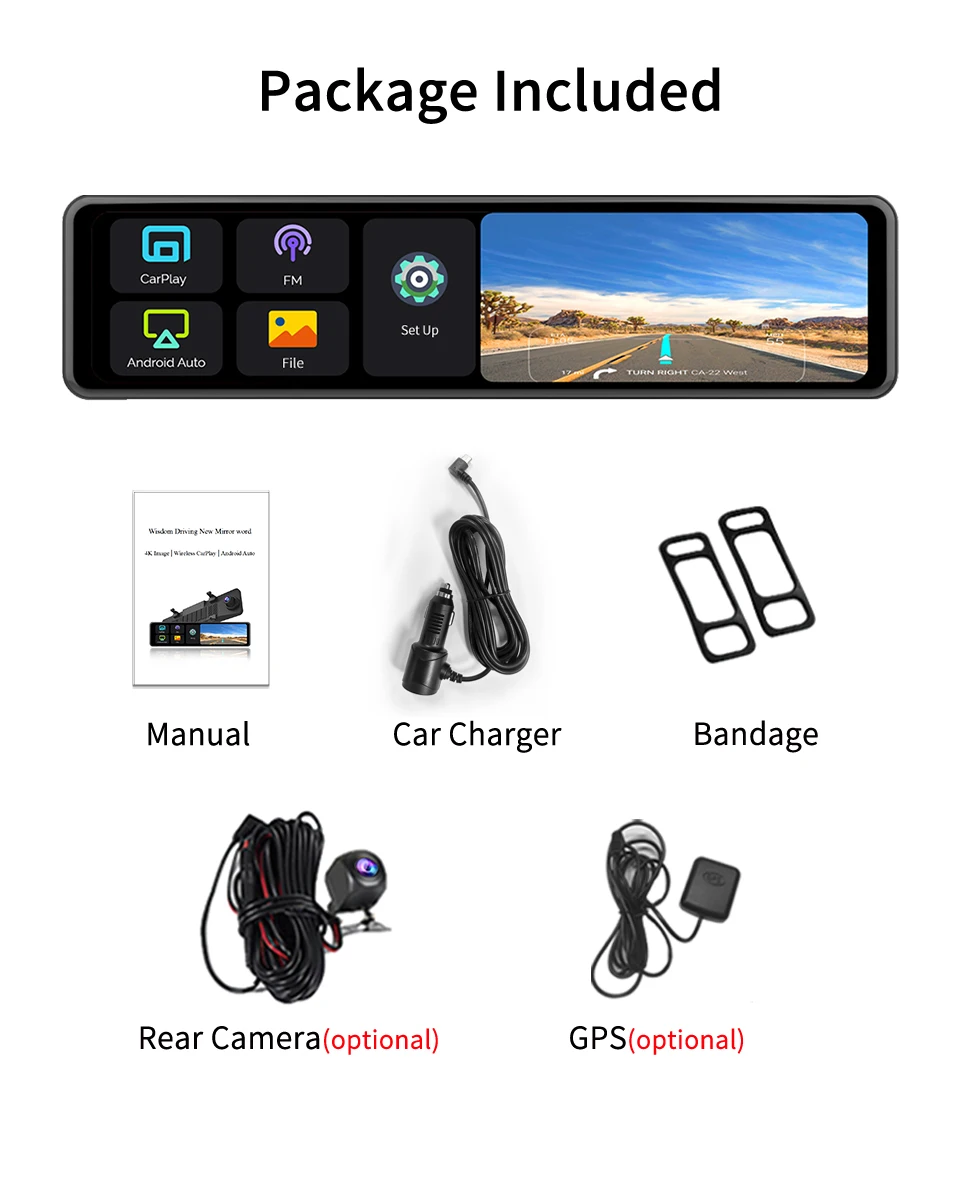 12inch 4k Carplay Android Auto Adas Car Dvr 1080p Rearview Mirror Video