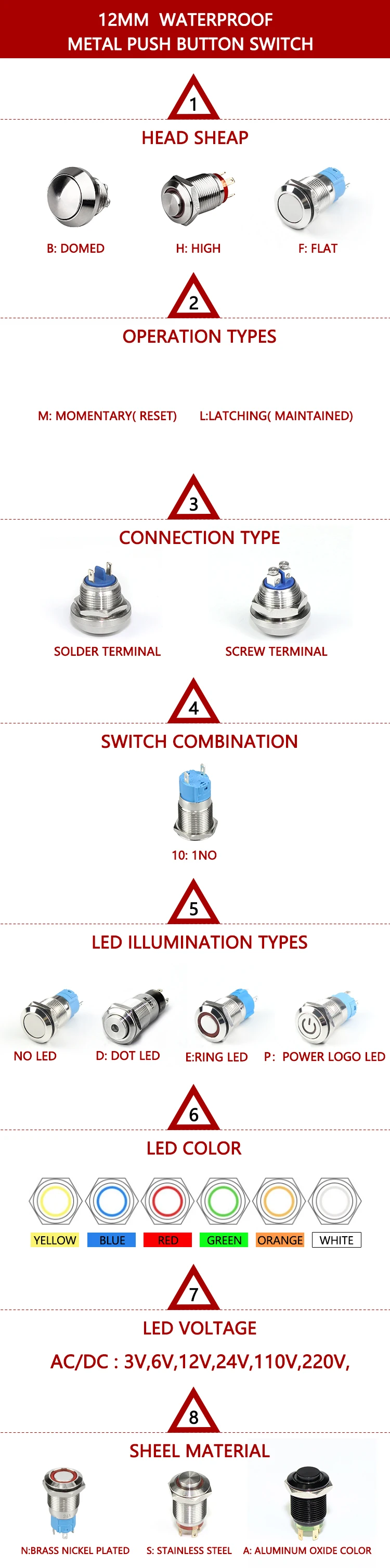 Custom 12MM 4Pin ON-OFF Metal Push Button Switch Waterproof High Button Push Button Electrical Switch with Power LED