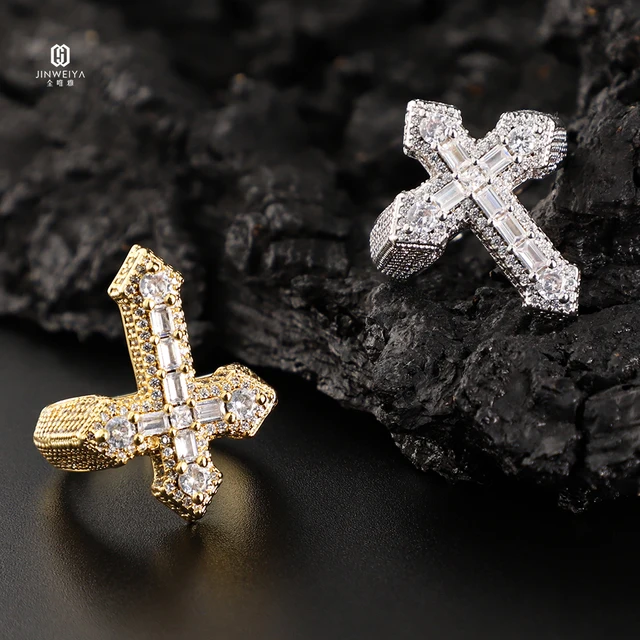 Factory Wholesale  High Quality Hip hop Rings Gold Plated  Moissanite Cross 925 Sterling Silver Ring for Men