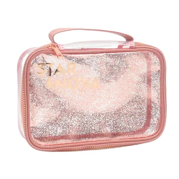 Waterproof PVC Cosmetic Bag Popular Gossamer Pink Shiny Glitter PVC Clear Zipper Women Makeup Bag