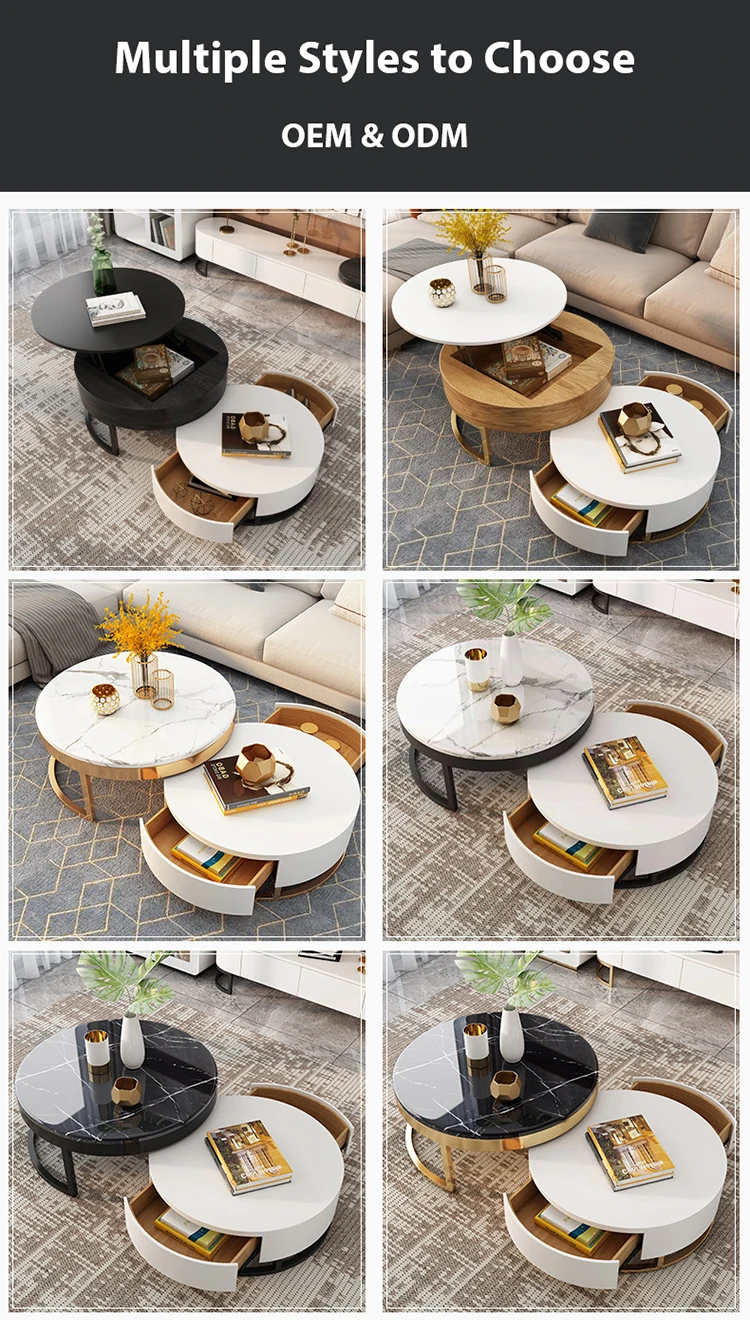 Extensible Tables Basses Relevable Moderne Marbre or Ronde Pour Salon Coffee Table