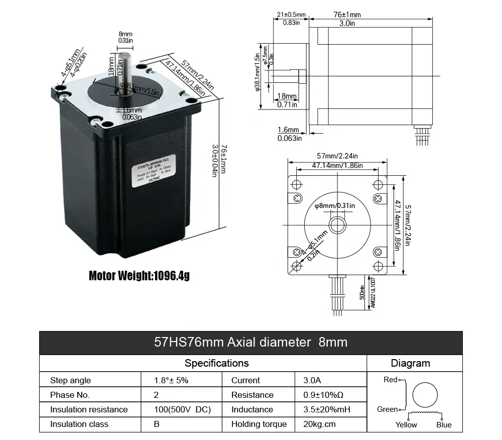 6.35MM 8MM Biaxial Axle 57HS76-3004 1.83.0A 57 Nema23 Stepper Motor 2NM