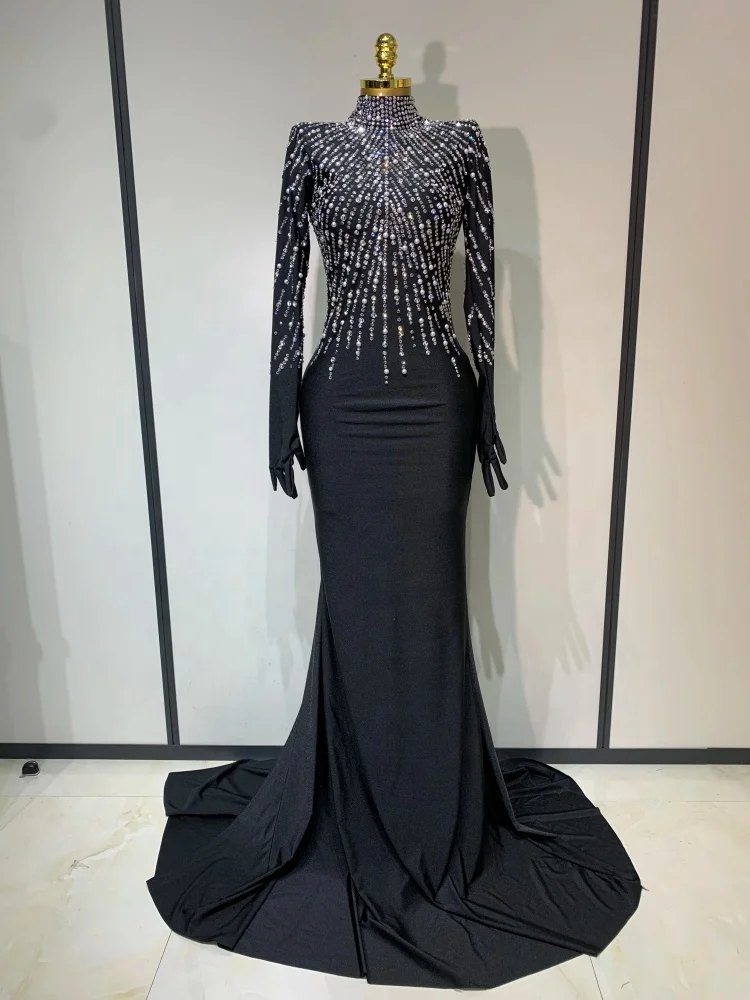 Women Long Sleeve Sparkly Rhinestones Fit Flare Maxi Long Dress Black  Elegant Evening Party Celebrity Maternity Photoshoot Gown| Alibaba.com