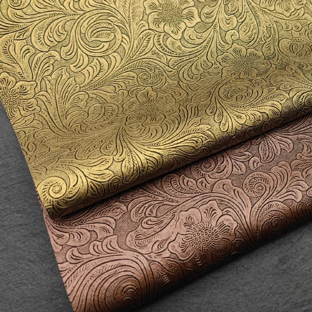 Metallic 0.5 mm PVC Embossed 3D Carved Floral Leather Lining Vegan Faux Synthetic Leather Upholstery Fabric for Upholstery