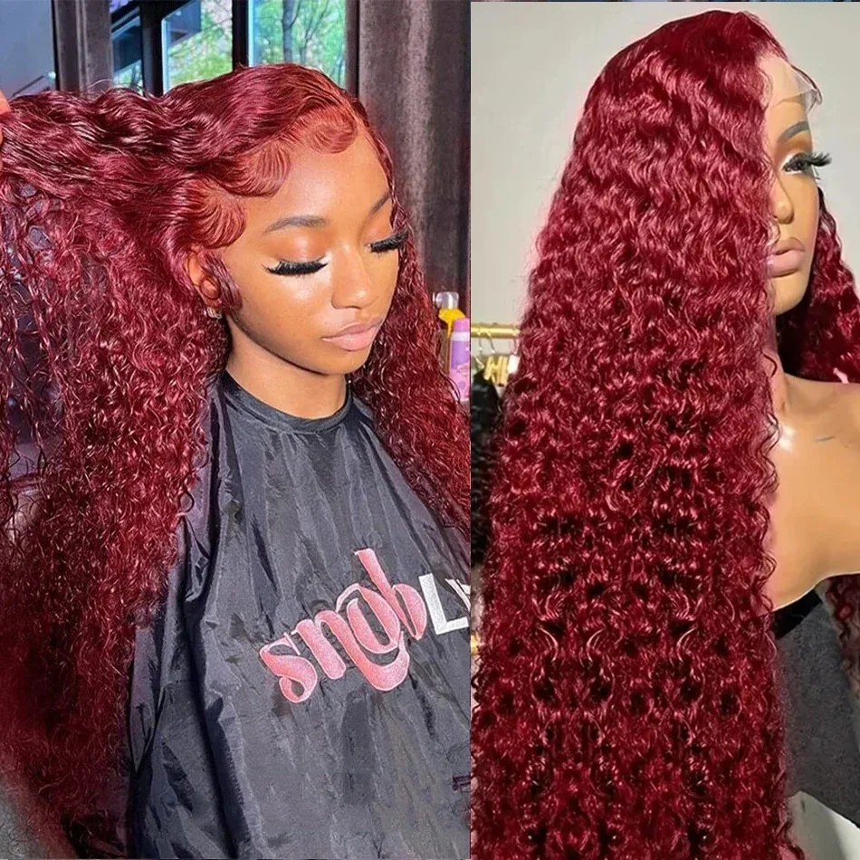 Parrucca frontale in pizzo HD riccia profonda bordeaux 99J 13x4 13x6, parrucche per capelli umani con onde profonde colorate rosse_voghion.com