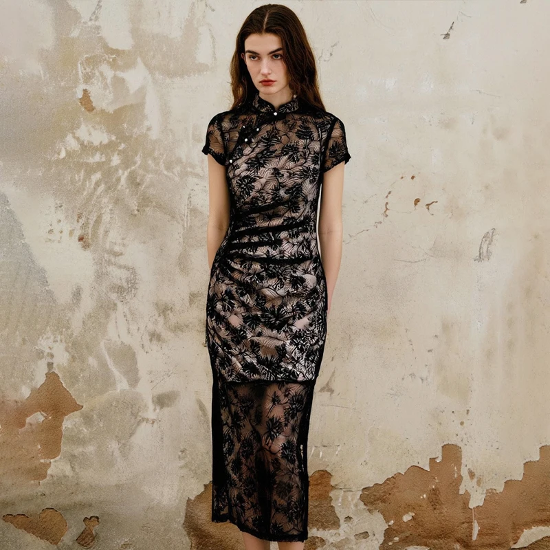 ZYHT 30470 Whole Sale Price New Chinese Lace Cheongsam Stylish Short Sleeve  Slit Vintage Bodycon Dress