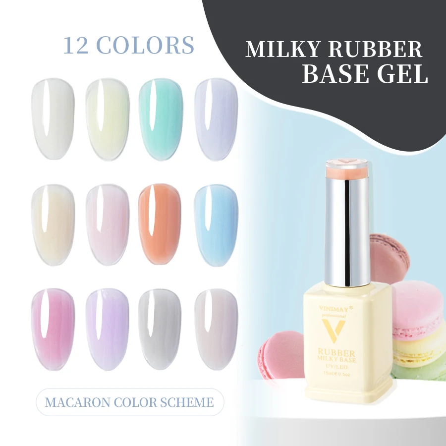 Vinimay Gummi Mjölkig Grundfärg Gel Nagelpolish 2 i 1 Förcamouflerande Macaron Färg Gel Polish Set 12-färgig Tjocknande UV Gel för Nagelkonst