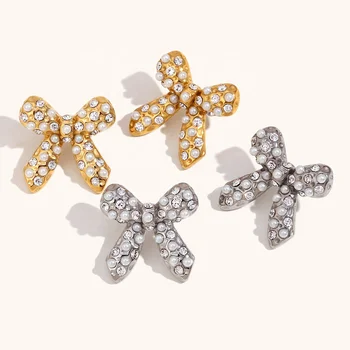 Dingran Luxury Gold Plated Pearl Zircon Bow Stud Earrings Stainless Steel Fashion Women Jewelry