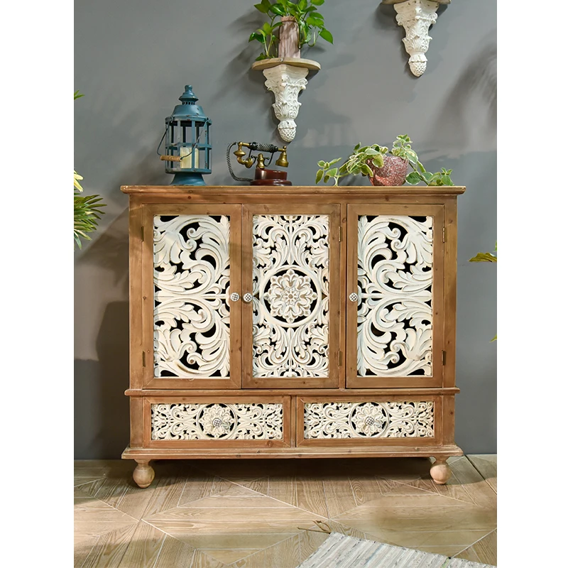 INNOVA Rustic White 3 Doors 2 Drawers Dinning Room Corner Sideboard Accent Wood Carved Storage Cabinets for Living Room