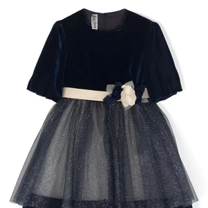 Dark Blue Winter Girls Dress with Bow Lace Casual Long Style Sweet ODM  Print Pattern for Spring and Baby Girl