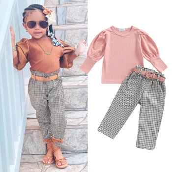 Conyson Fashion 1-6Y Kids Girls Autumn Clothes Sets Long Puff Sleeve Solid Tops Belt Plaid Print Pants 2 Piece Girl Outfits