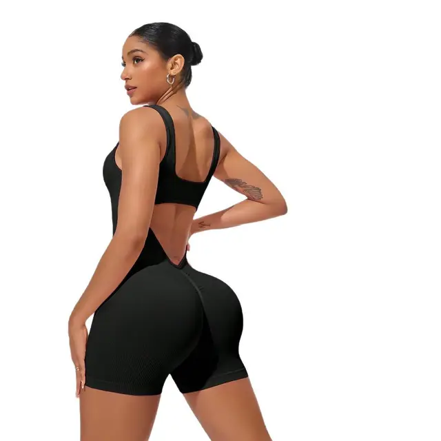 Women's V-Cut Waist Fitness Bodysuit Seamless Butt Lift Yoga Jumpsuit Tight Sports Jumpsuits & Bodysuits