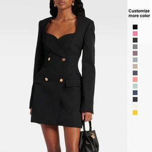 Custom Women's  Professional Lady Work Double-Breasted Blazer Dress with Gold Buttons  Slim Fit Formal  Minidress