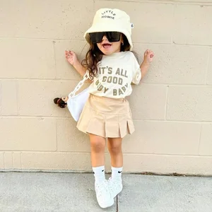 High Quality Short Sleeve T Shirt Pleated Skirt Boutique Outfits Little Girls Summer Girls Clothing Sets