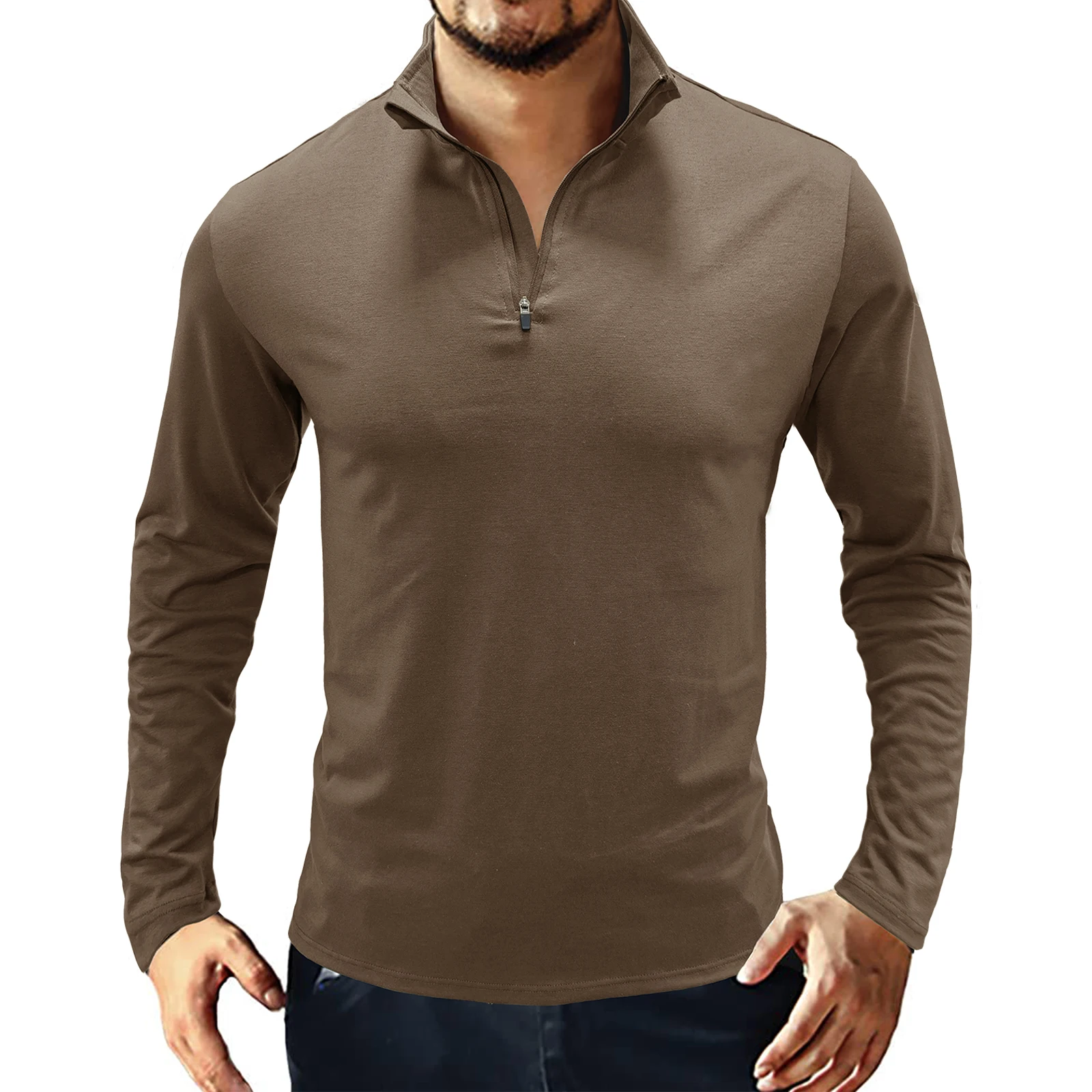T-shirt da uomo Europea Americana colletto rialzato pullover con cerniera Polo camicia da combattimento a maniche lunghe da allenamento957_voghion.com