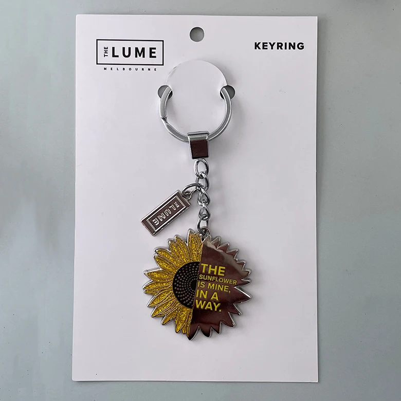 Custom Logo Sunflower Keychain Glitter Metal Keychains with Backing Card