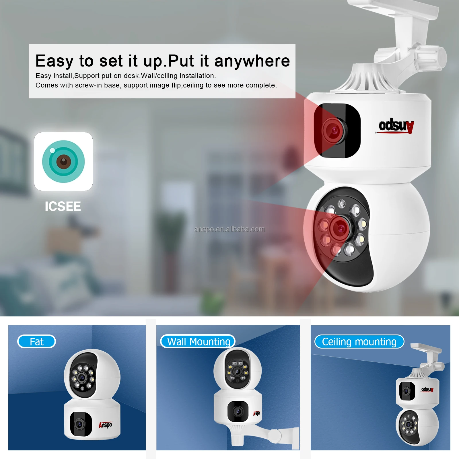 Dual Lens Ptz Wifi Camera Icsee Wireless Network Camera 2mp Cctv