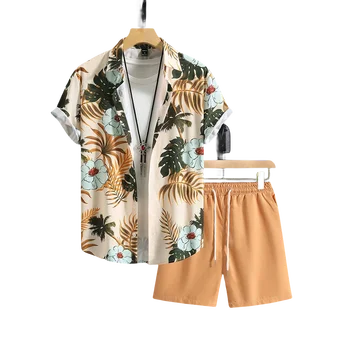 Summer Men's Suit Beach Print Lapel Short Sleeve Shorts Vacation Casual Suit Shirt